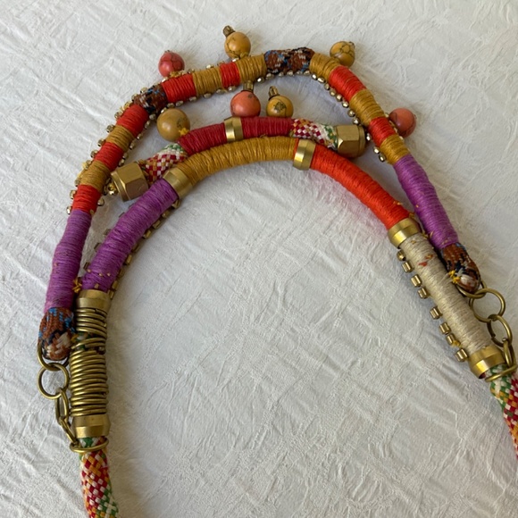Anthropologie Multi Strand Thread & Bead Statement Necklace Brass Tone A… - Picture 2 of 9